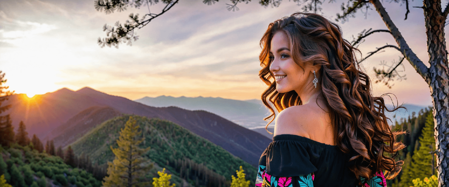 AI generated: silhouette style naturally gorgeous woman, from behind, looking over her shoulder and smiling at the...