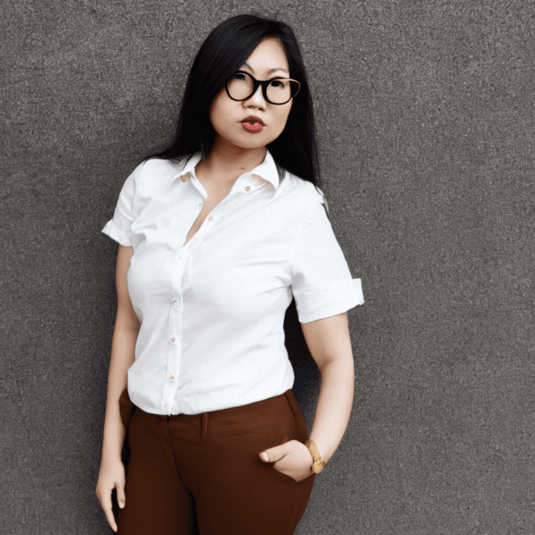 AI generated: an image of woman, skinny , full body , gold round glasses , brown and blonde curvy hair , asian , w...
