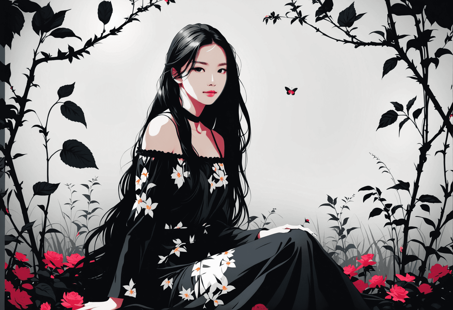 AI generated: silhouette style full body of a woman sitting in an overgrown field next to a blooming rose bush, lo...