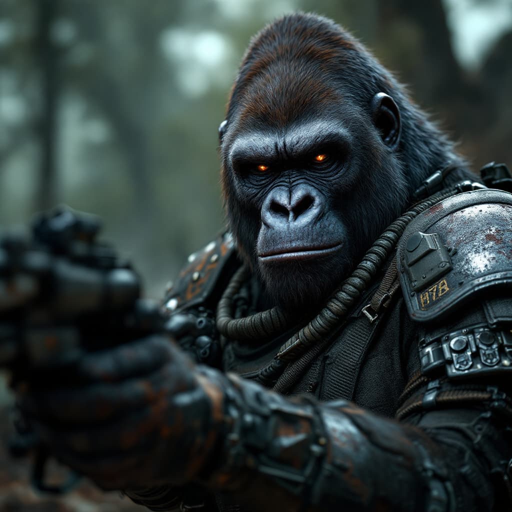 AI generated: Battle-hardened gorilla in full military armor, holding a carbine rifle, anthropomorphic, super deta...