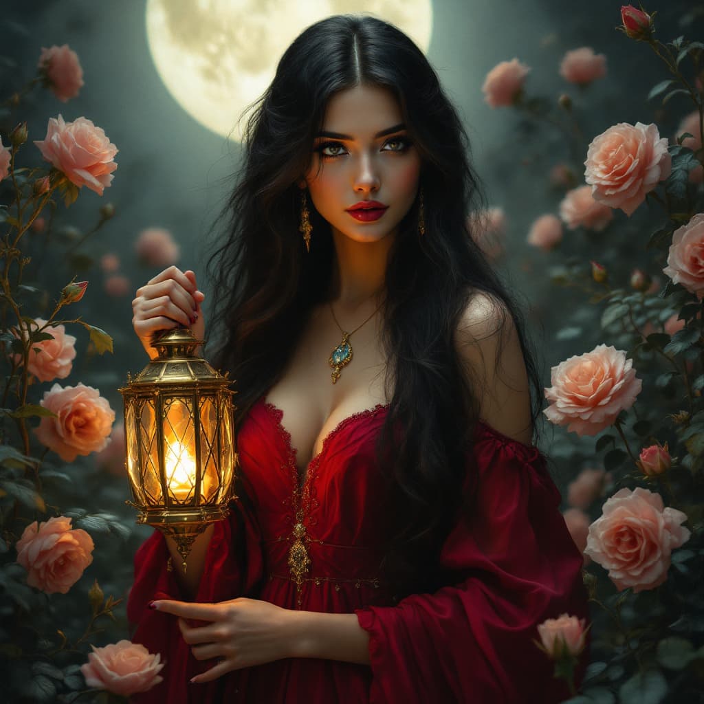 AI generated: "A woman with long dark hair, wearing a flowing crimson gown, standing in a moonlit garden surrounde...