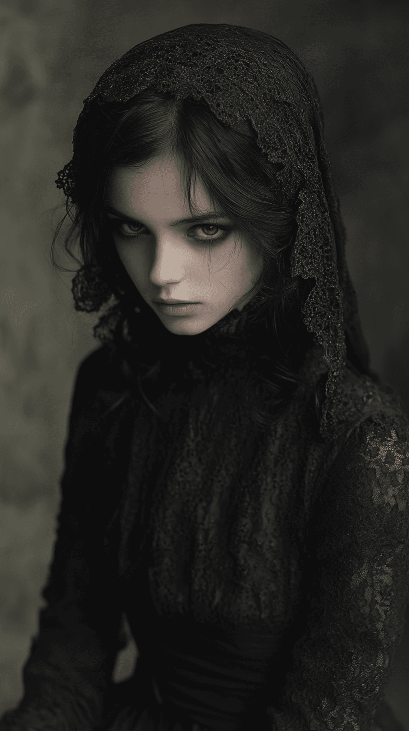 AI generated: A gothic girl with black hair and dark eyes, wearing all-black lace, in a portrait photograph, high ...