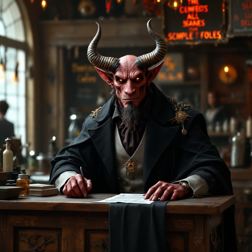 AI generated: posimas sales stand,attended by the devil,small horns,elegant european clothing,cash register,no peo...
