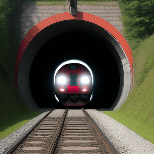AI generated:  A red, new, high tech Train coming out of a tunnel, photograph 