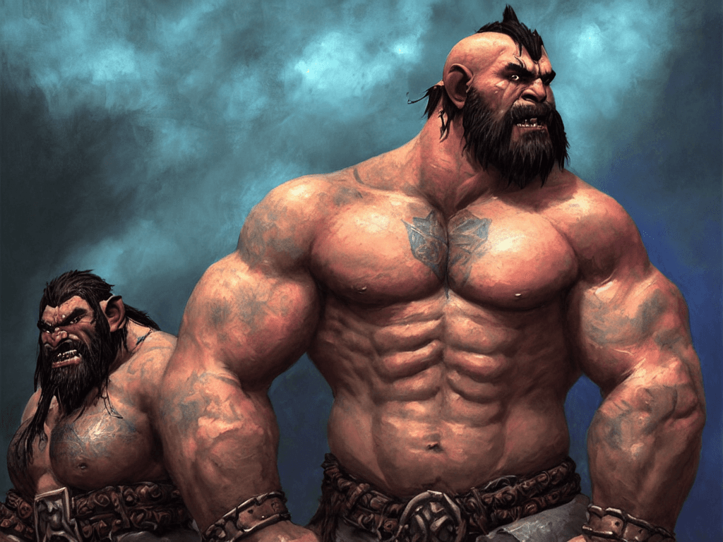 AI generated: tattooed, muscled sweaty shirtless half - orc barbarian champion with a full dark beard, visibly thi...