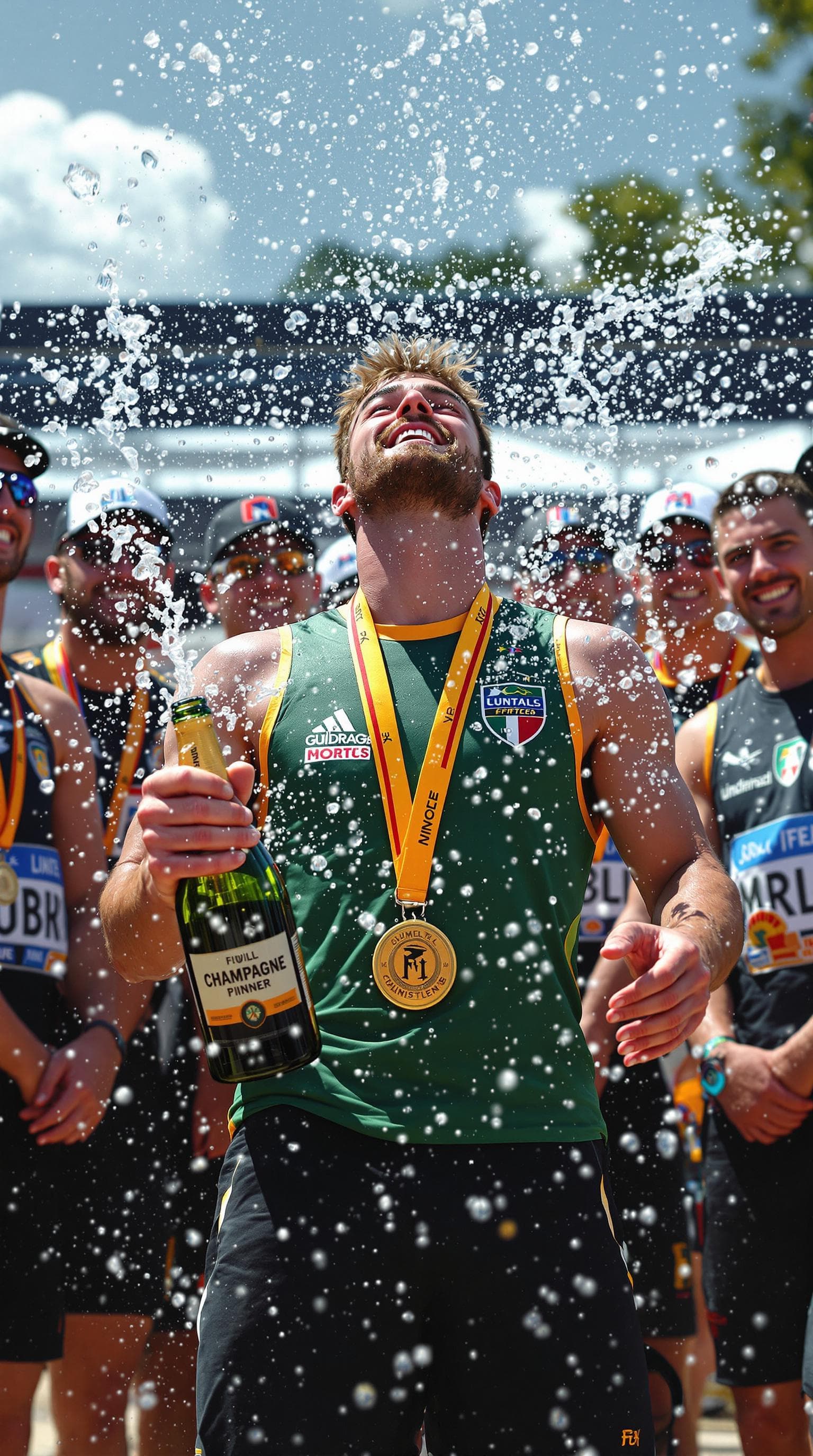 AI generated: Summer.       The winner with a medal stands in a circle of friends and teammates. In his hands he h...