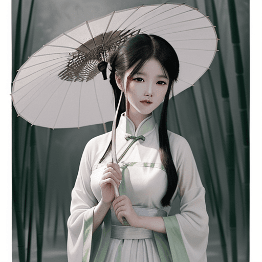 AI generated: painting of a woman dressed in traditional Chinese dress with a bamboo umbrella, in the style of rom...