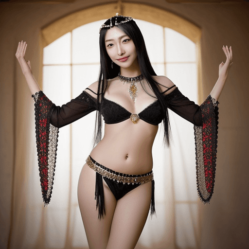 AI generated: A beautiful Japanese woman with hip length raven hair stands posed elegantly, in a medieval middle e...