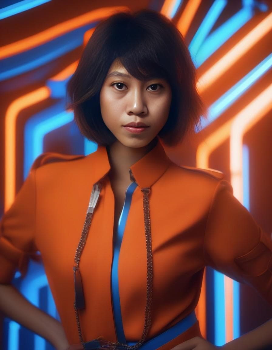 AI generated: niji, octane render, close-up shot of a (Female:1.3) , wearing Chic clothes, her clothes tailored by...