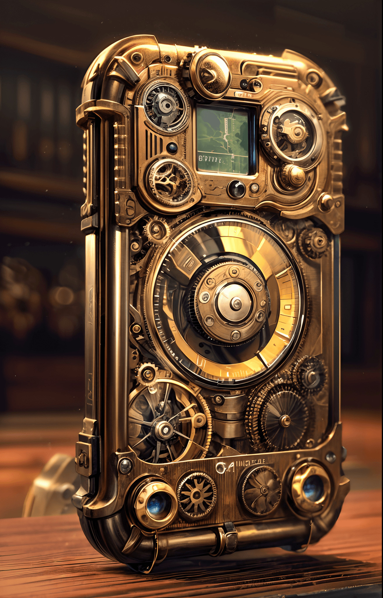 AI generated: (best quality, highres, realistic:1.37), steampunk style smartphone, detailed gears, intricate brass...