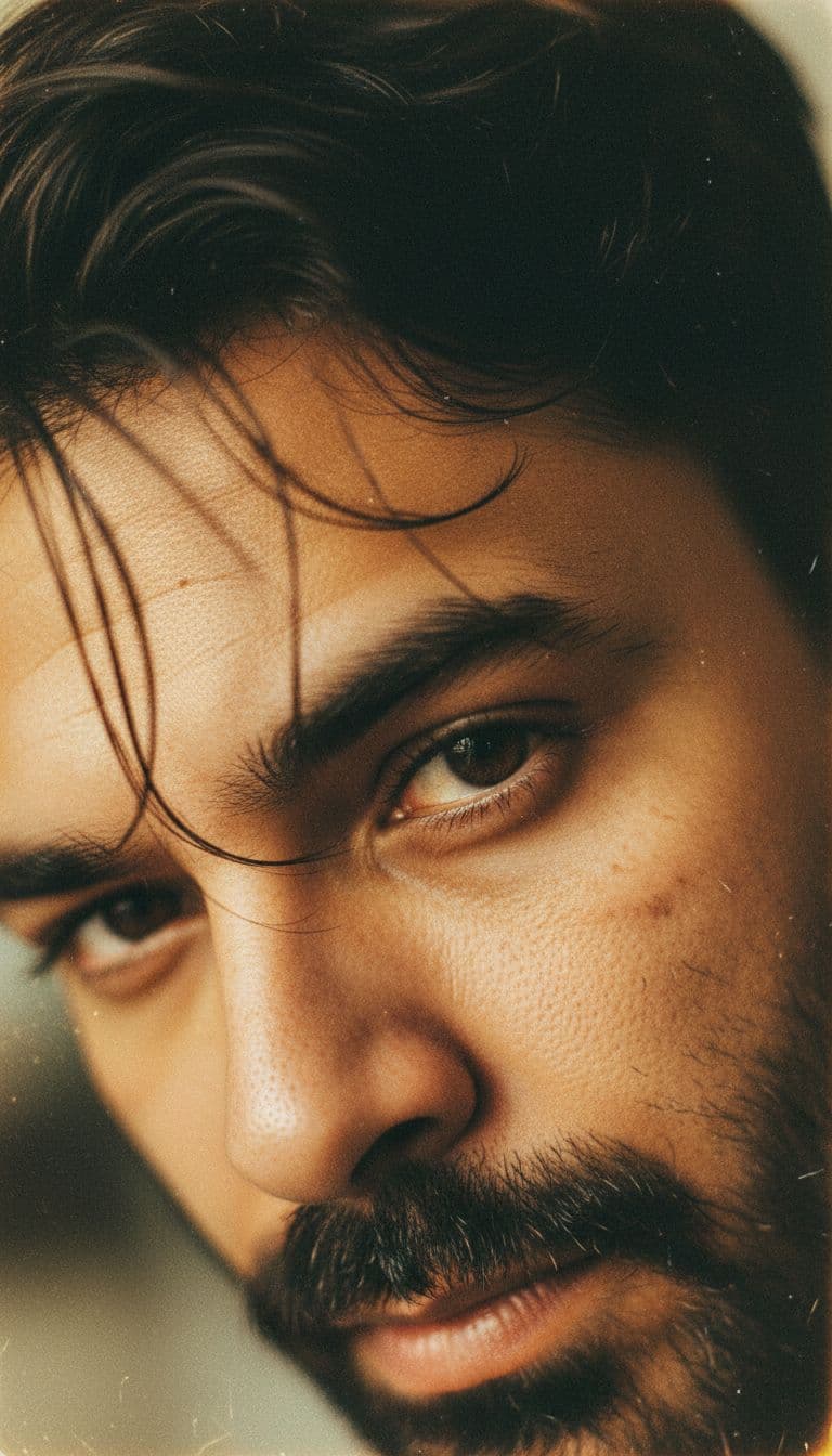 AI generated: A raw close-up portrait of a young man, use my uploaded photo as face and hair reference. The framin...