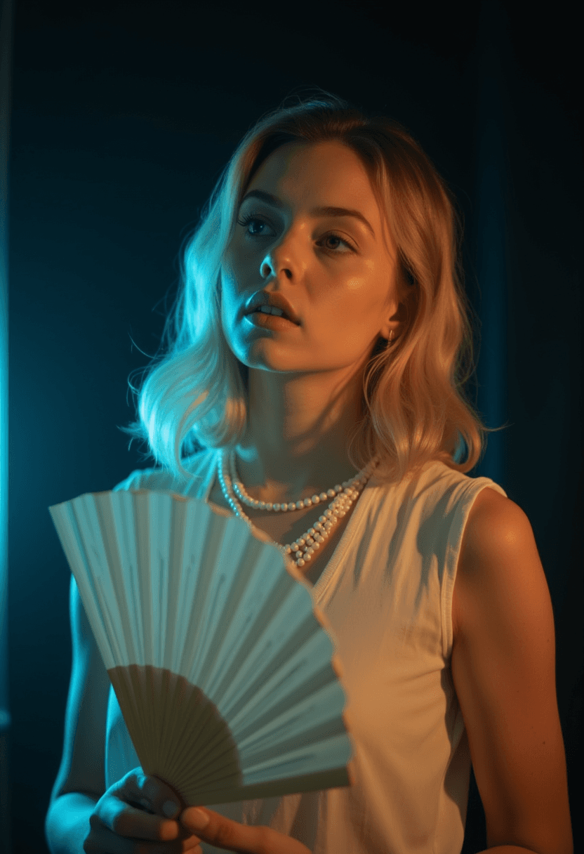 AI generated: A young woman with shoulder-length blonde hair and fair skin, wearing a white sleeveless top and a p...