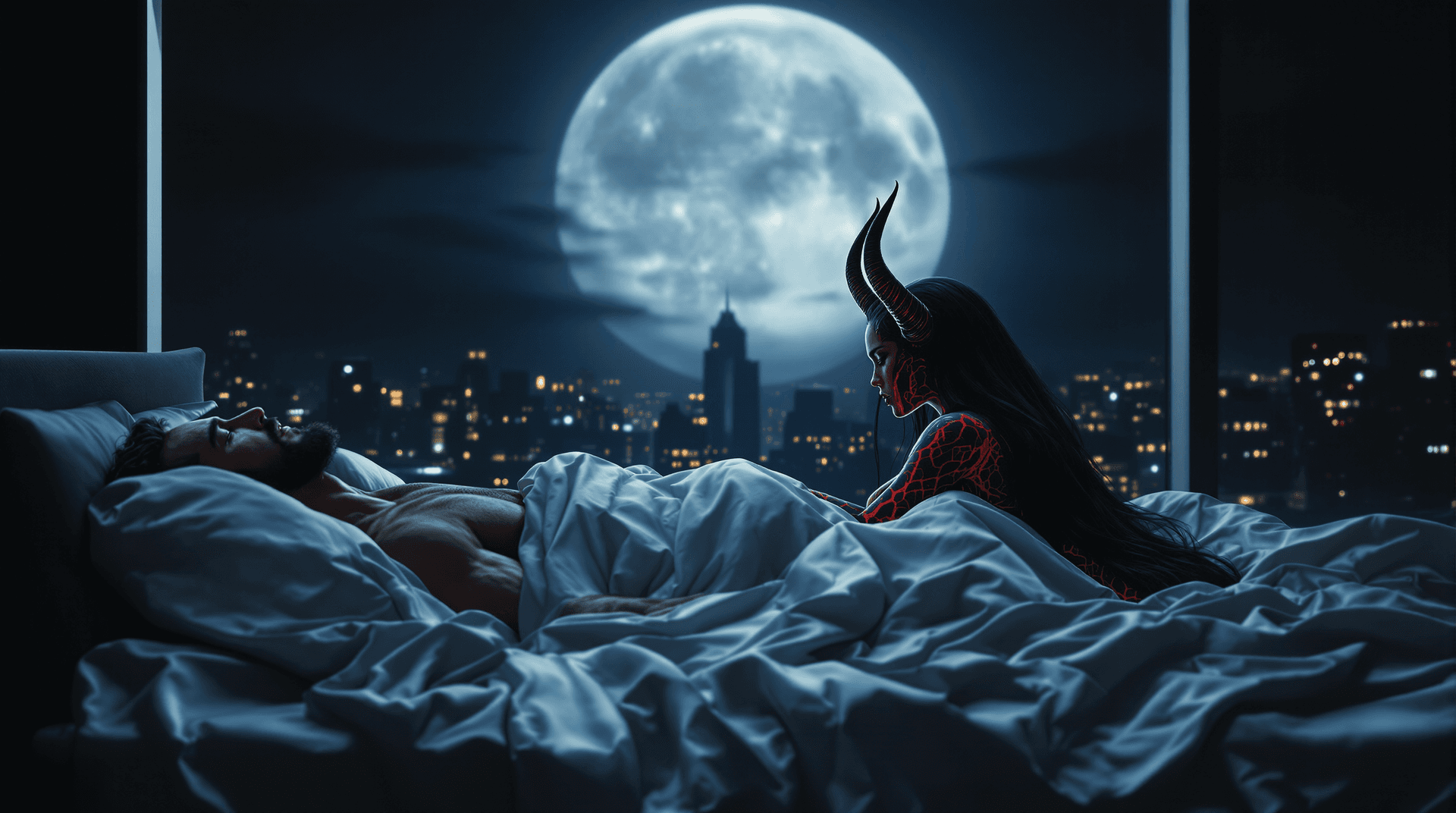 AI generated: Two figures covered with sheets in a luxirous modern bed silhouetted against large full moon and cit...
