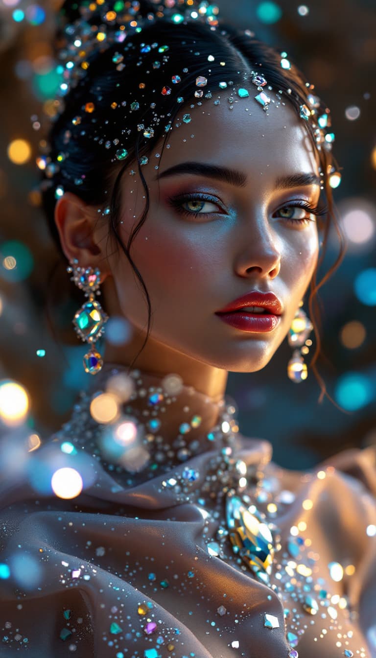 AI generated: gorgeous woman created from diamond, silk, diamonds, gems, sparkling dots, in crystal cave backgroun...