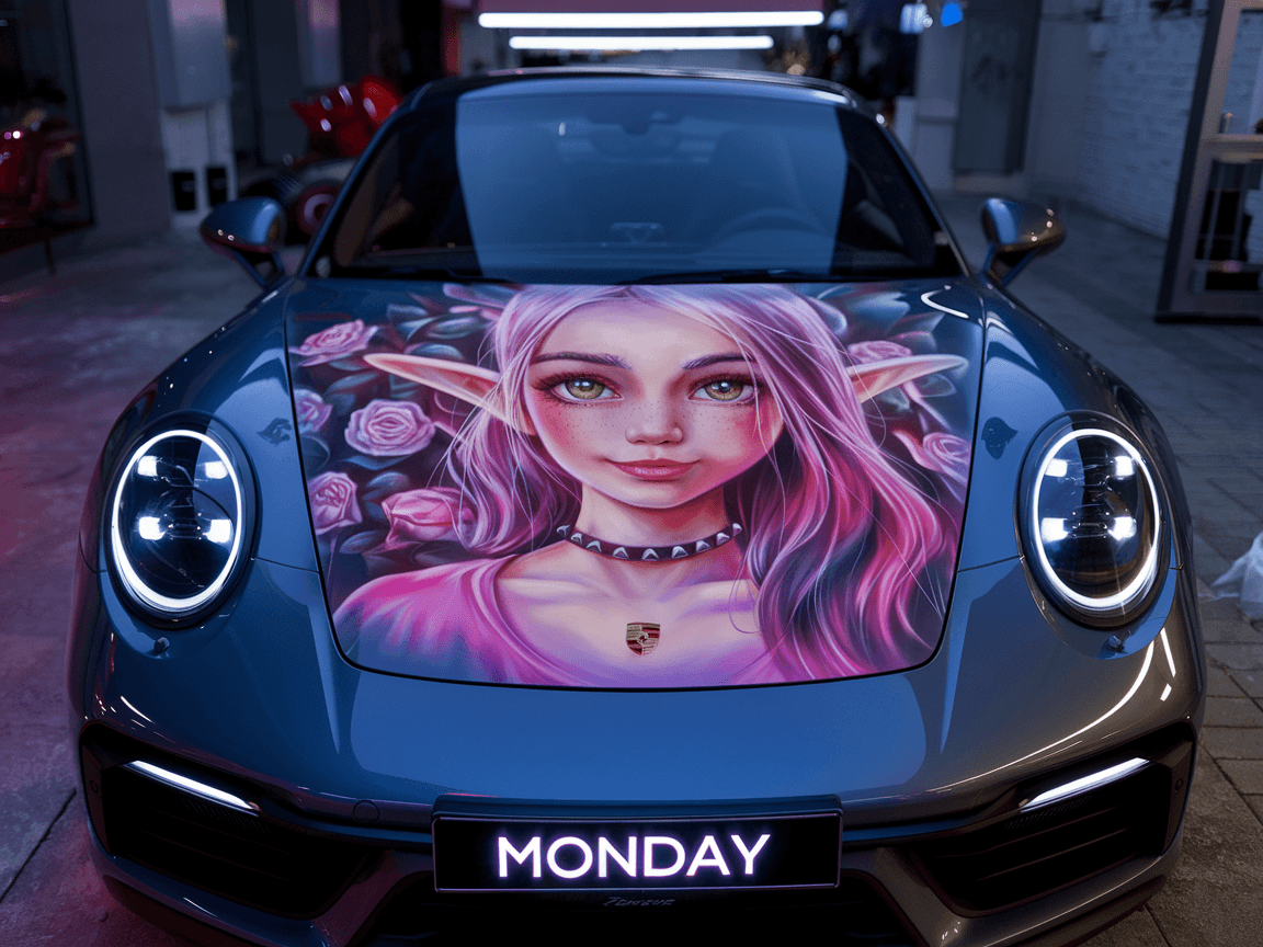 AI generated: The word "Monday" is neon lit on the front bumper below the painted artwork, A cinematic, award-winn...