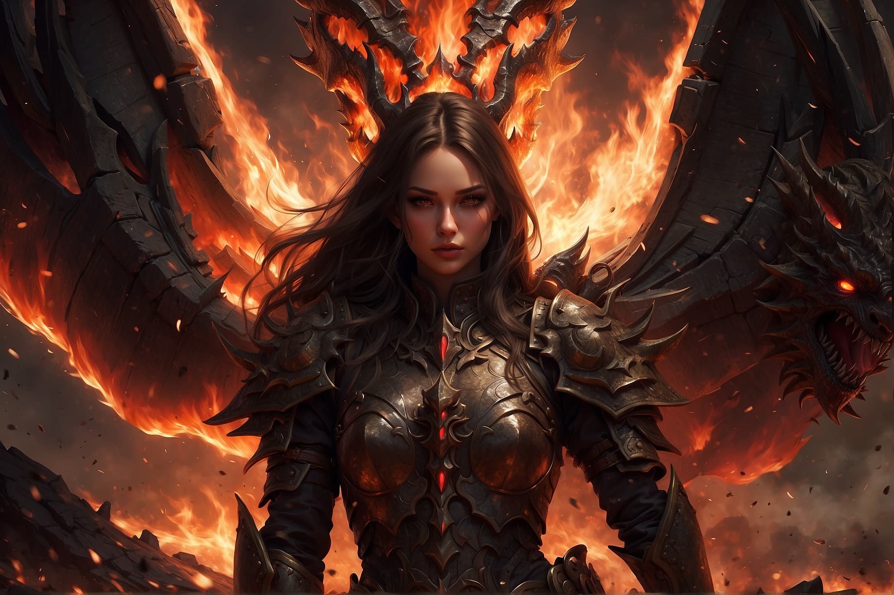 AI generated: Realistic women with black scary armor, Holding fire Sword, human face, long hair, perfectly detaile...