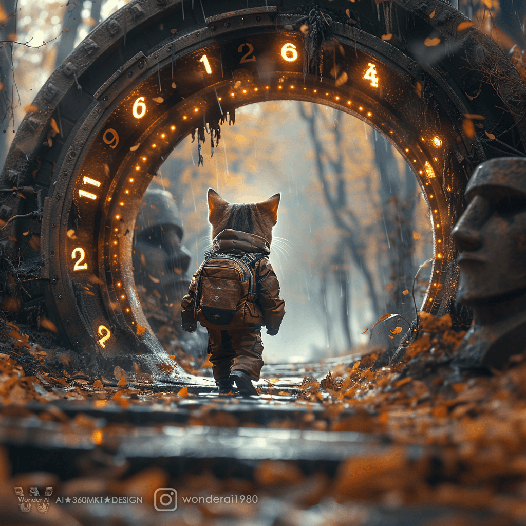 AI generated: personification tiny cute cat wearing the North Face clothes and hiking shoes, walking inside (((an ...