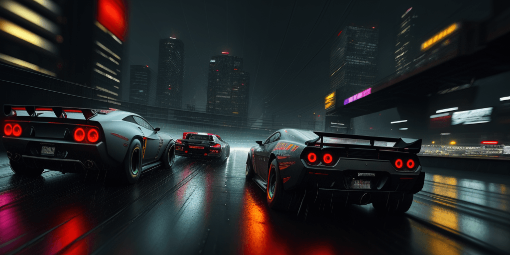 AI generated: (supercars, muscle car and hotrods) racing through a cyberpunk city at night, at insane high speeds ...
