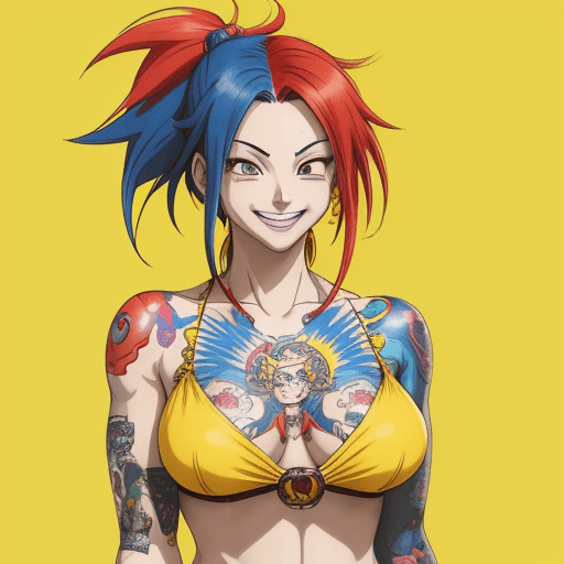 AI generated: Animestyle illustration of a female character with red and blue hair, wearing colorful tattoos on he...