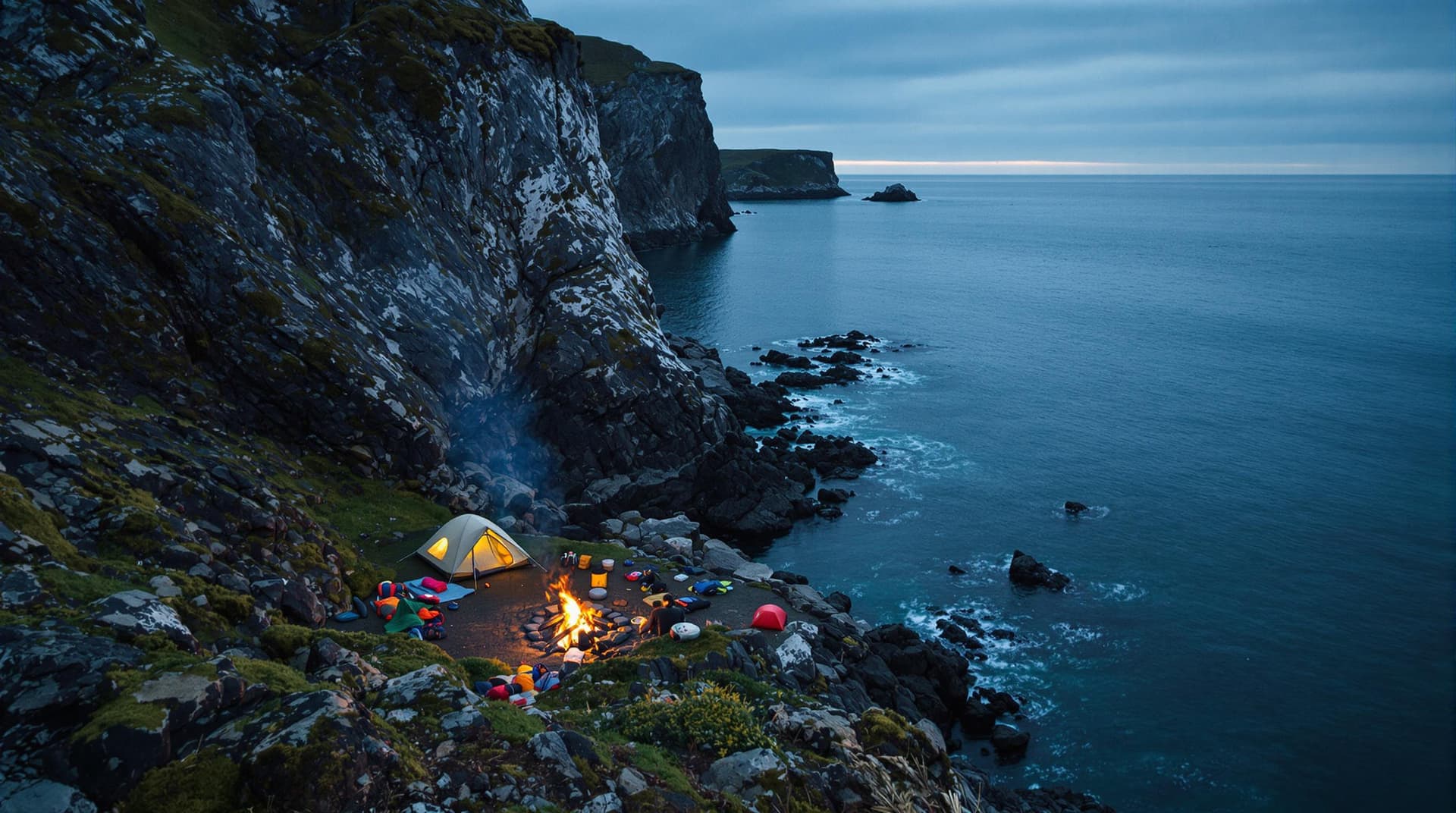 AI generated: Rugged rocky coastline, small camping tent, glowing campfire, colorful camping gear, moss-covered ro...