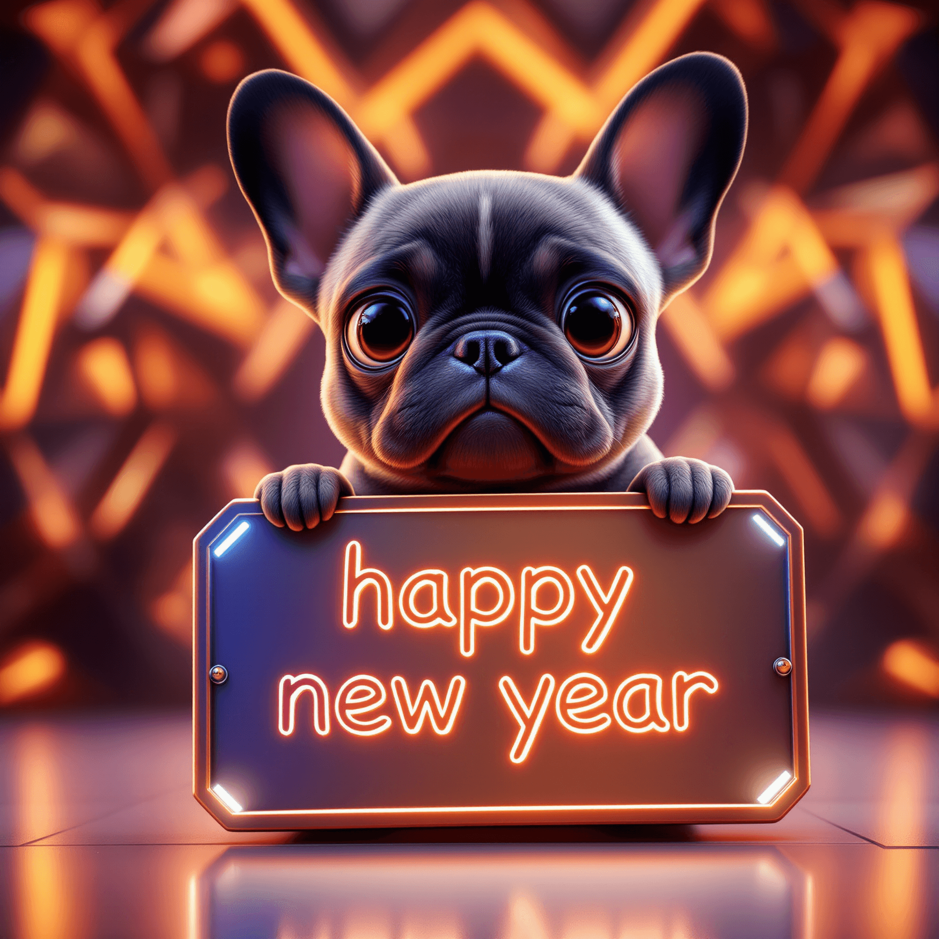 AI generated: 3d Image Pixar Style, Cute french bulldog puppy with huge eyes, sad eyes, holding a Flat lay mockup ...
