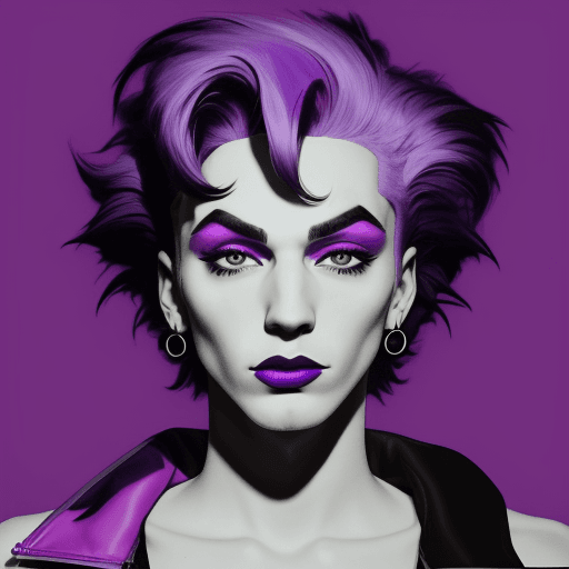 AI generated: portrait of a men with vibrant purple hair, in the style of Andy Warhol and Richard Avedon, combinin...