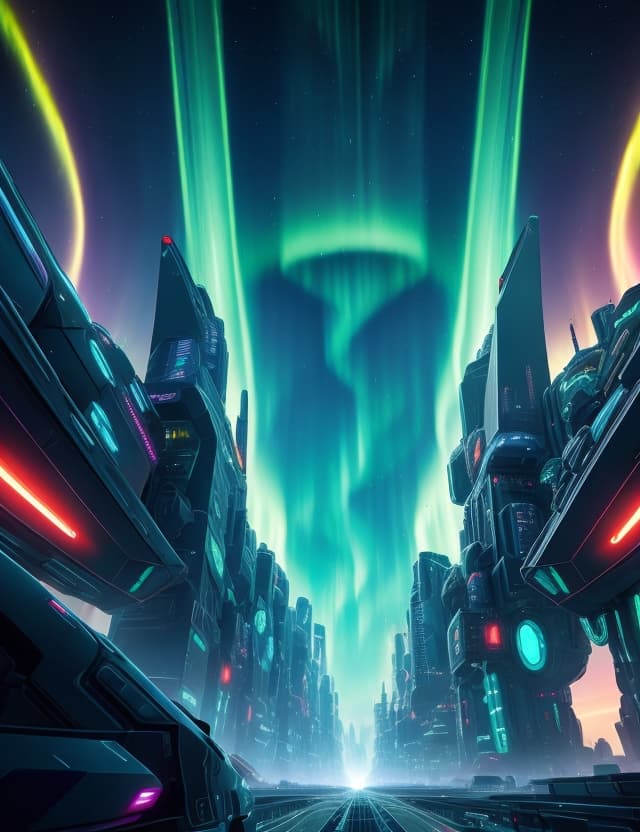 AI generated: a fantacy game ((The Northern lights mesmerizing ))combines the robot city aesthetics of technology ...