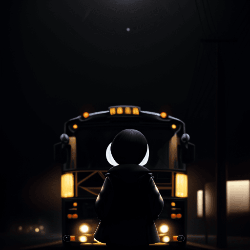 AI generated: small figure stepping to the glossy black school bus from behind, glowing lights, foggy, moonlight, ...