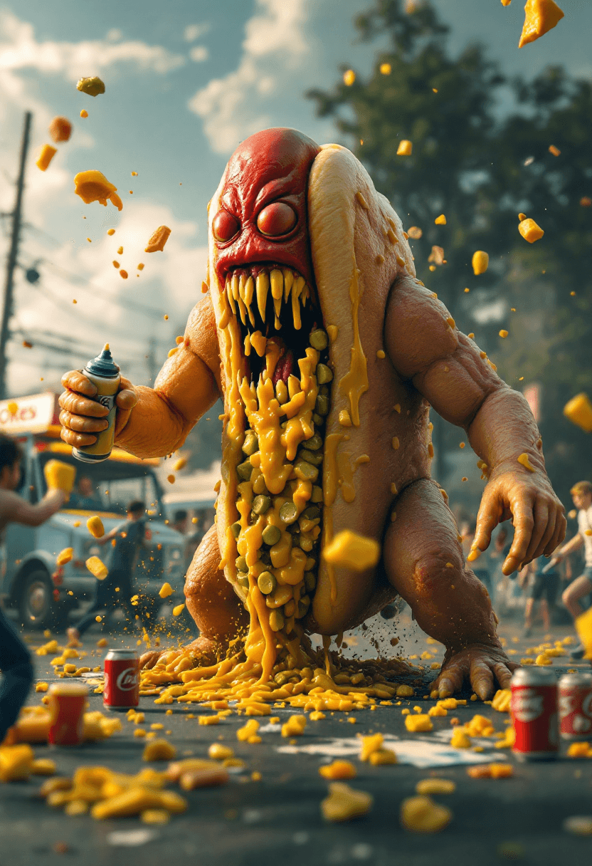 AI generated: A 3D (8K) photorealistic (hyper- detailed) image of a full body (((hotdog))) monster with a bun cove...