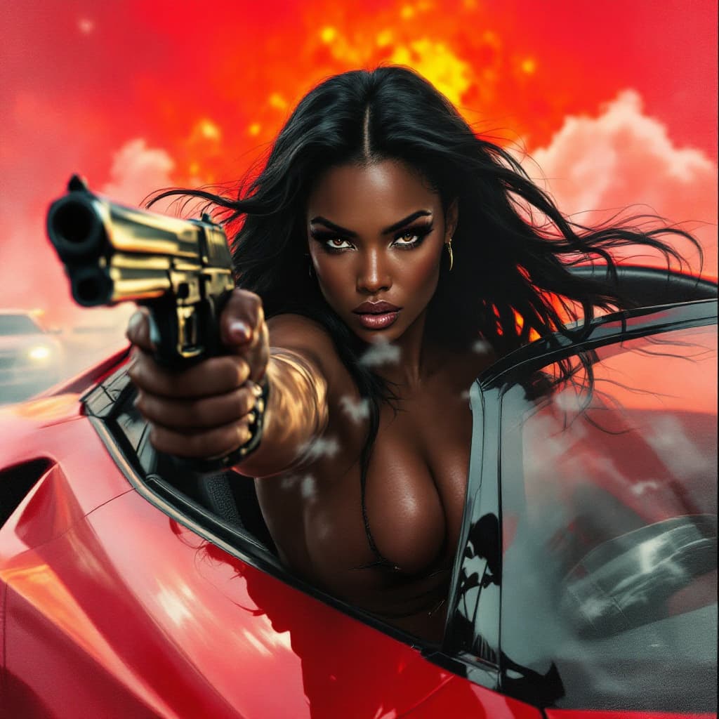 AI generated: A stunningly fierce Black woman emerges from a sleek red Lamborghini, brandishing a gun at two oncom...
