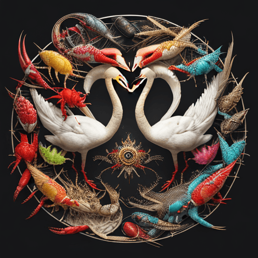 AI generated: swan, pike and crayfish, very bright colors, intricate details, something that can not be at all, on...
