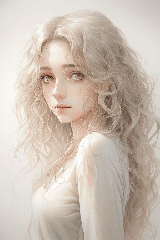 AI generated: light natural tones , pencil drawing , watercolor drawing, portrait of a woman with long curly hair ...