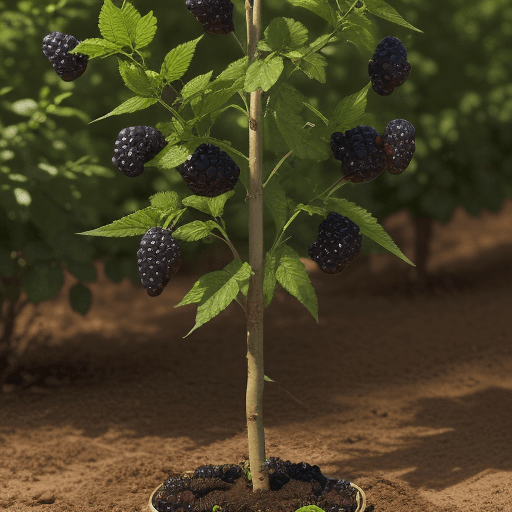 AI generated: High resolution image of a blackberry plant growing from the ground with some foliage on the canes. ...