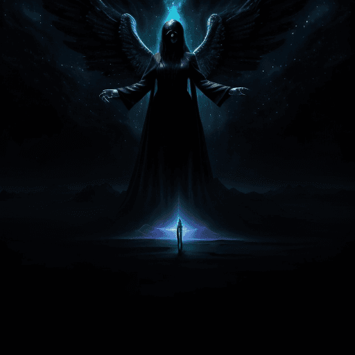 AI generated: Amazing,  awe-inspiring, Angel of death, dark, futuristic, deadly, Beautiful, Sad, beautiful fantasy...