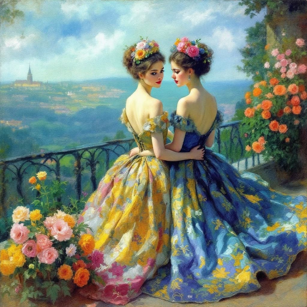 AI generated: :  (Masterpiece), ((Pierre-Auguste Renoir Duas Irmãs no Terraço, 1881)), Inspired by the style illus...