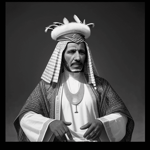 AI generated: a vintage black and white photo of an Arabic libyan chief wearing traditional clothing and feathers,...