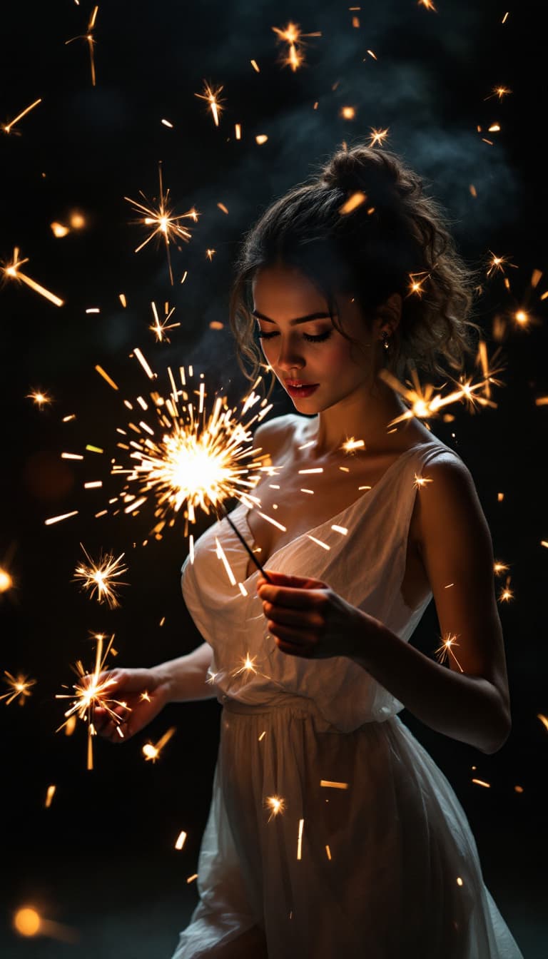 AI generated: Performance Art, Temporal Forms, Dynamic Movement, Immersive, Woman Holding a Sparkler Dancing, Free...
