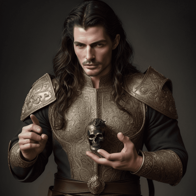 AI generated: Gorgeous mature prince holding an anatomically correct human skull  in the palm of his hand and aski...