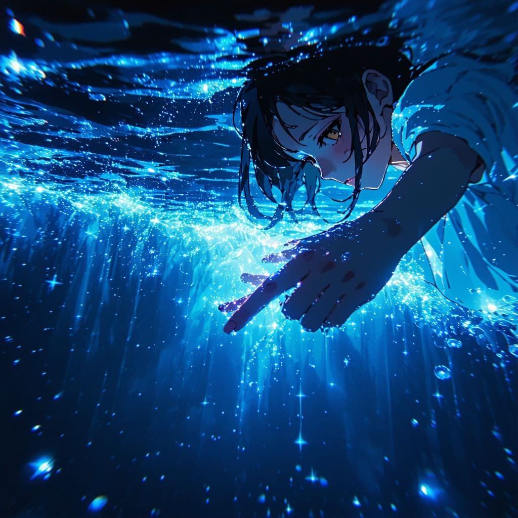 AI generated: Anime style Female luminous like Character scenario where the character is underwater touching the l...
