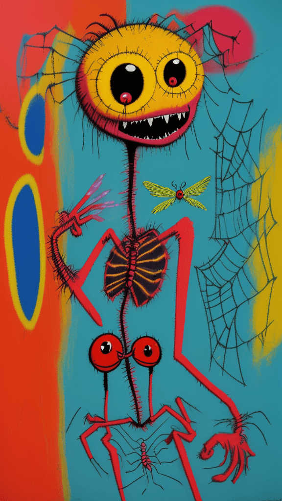 AI generated: graffitied on the wall invision my imaginary friend a Absurd Embroidery bird head spider legs red or...