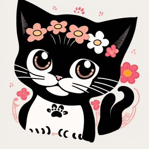AI generated: ilustration cat and dogs, flat, ink black, 2d, flowers, design logo, retro, big eyes, 