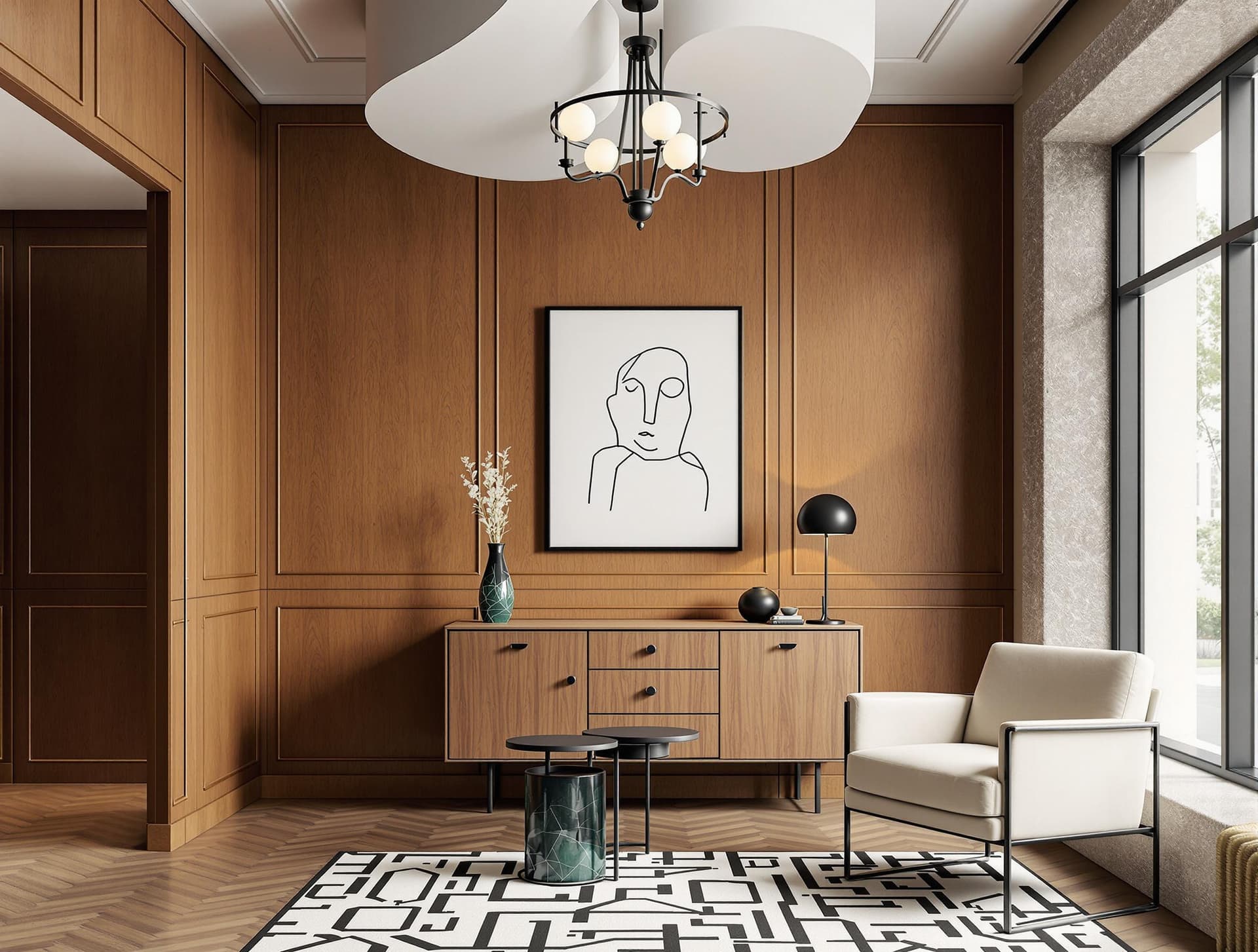 AI generated: A warm, sophisticated interior featuring a small lounge space. The walls are clad in rich, medium-to...