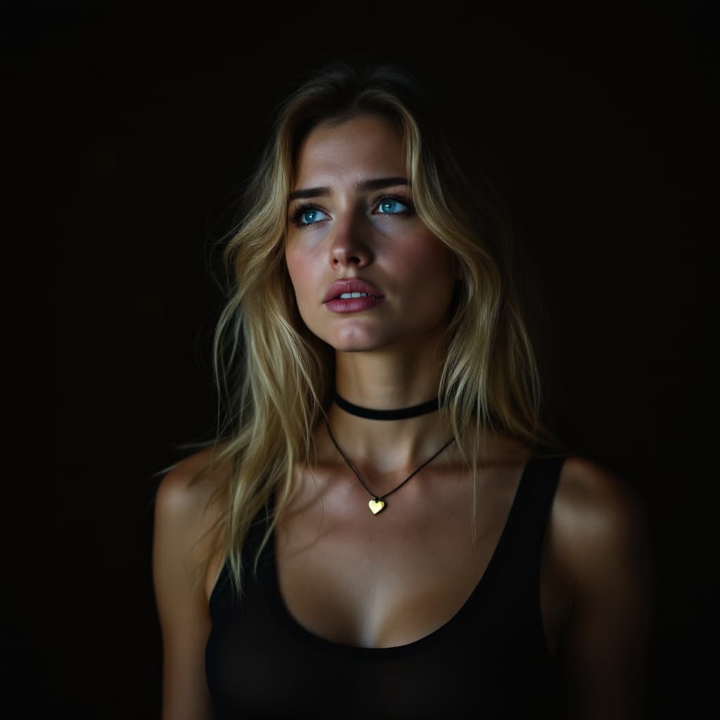 AI generated: A woman with long blonde hair and striking blue eyes, adorned with a choker necklace featuring a hea...