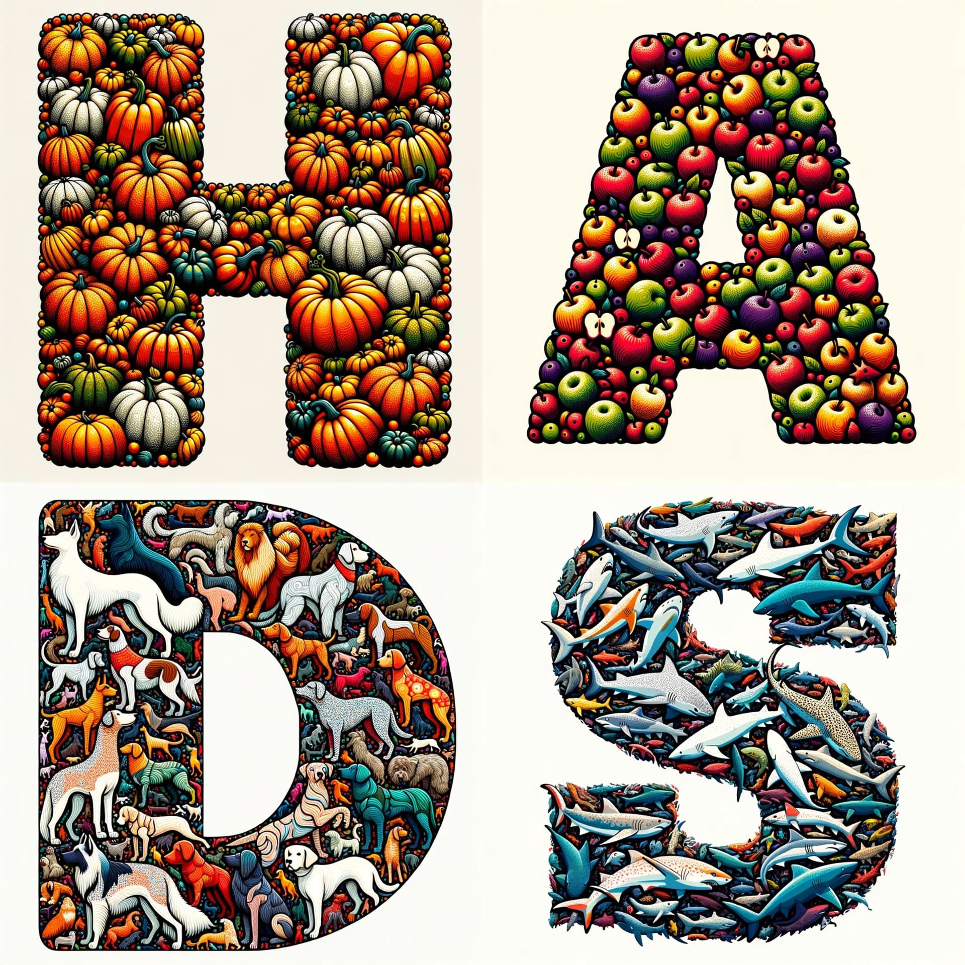 AI generated: Illustration of the uppercase letter 'H' silhouette densely filled with vibrant and detailed images ...