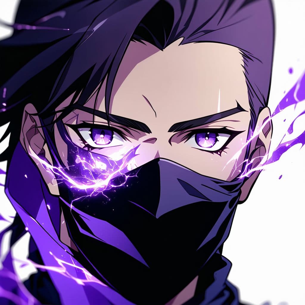 AI generated: Semi realistic anime portrait of a male assassin in a fantasy style mask, black and purple energy vo...