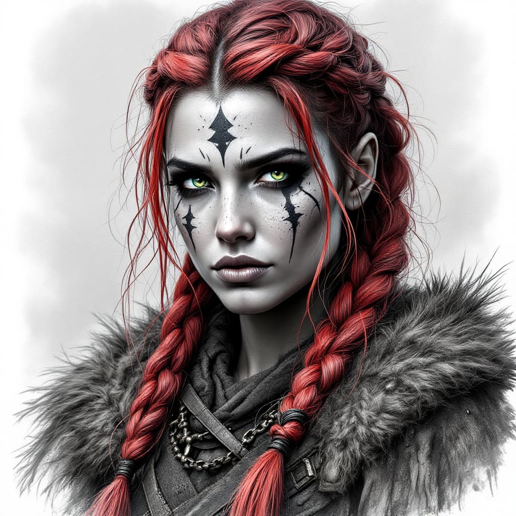 AI generated: Stunning woman,black and white drawing of a viking warrior woman with braided red an grey hair, gree...
