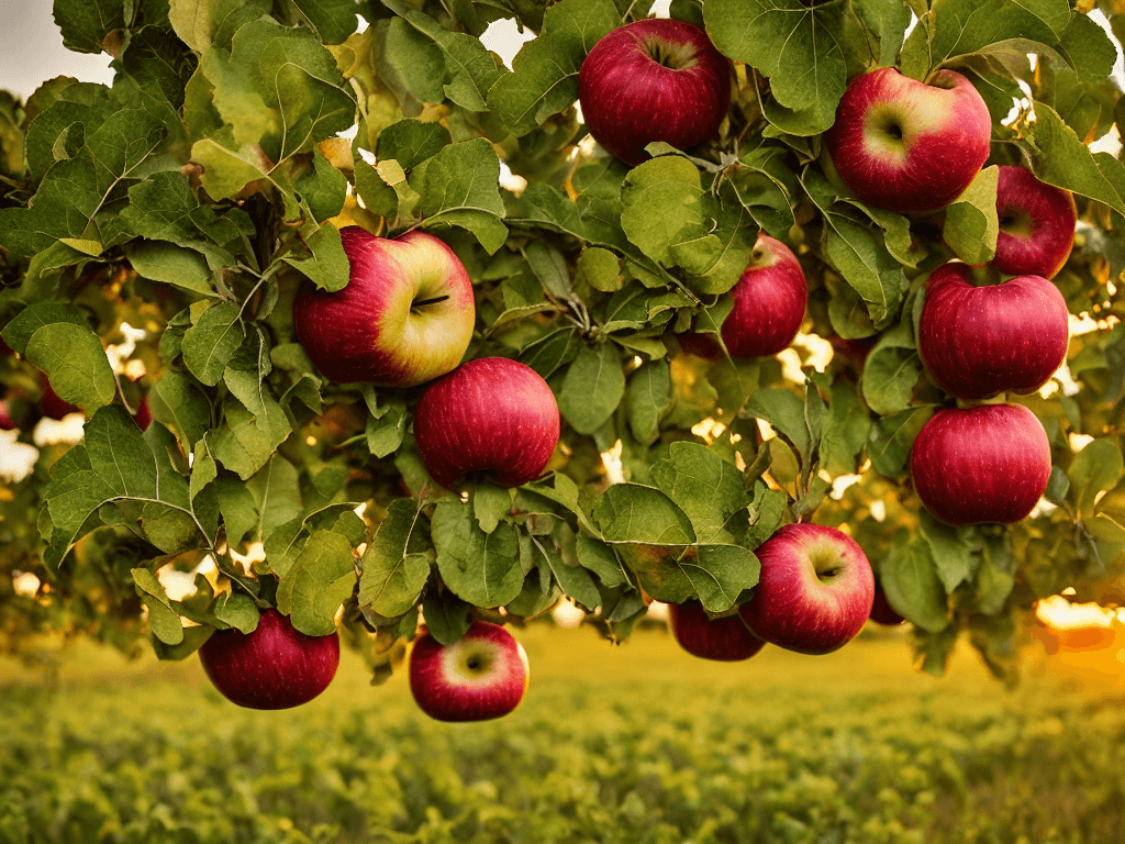 AI generated: close up one big bunches of apples are hanging from a vine in a vineyard at sunset  field with skyli...