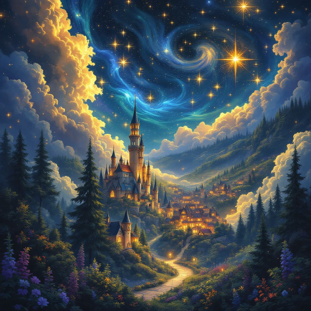 AI generated: inspired by art Mac Baconai. I want to create a starry world.
Magical enchanted forest, a glowing fa...