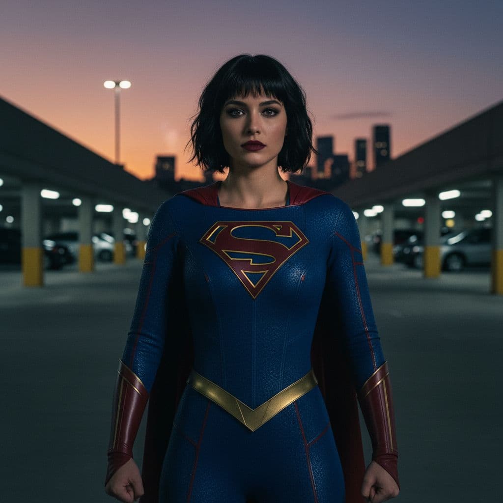 AI generated: photo of supergirl in a supergirl costume with a red cape on her back, black hair, short hair, tan s...