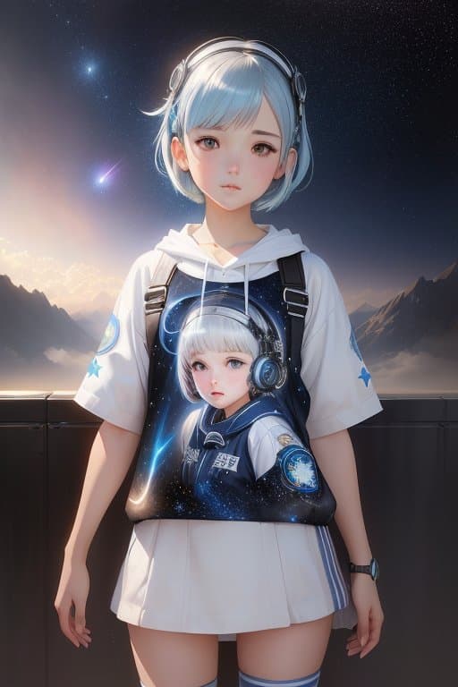 AI generated: astronomical girl, (with details of stars in the clothes in the hair and in the eyes), with cute whi...